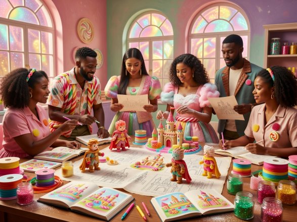 Creative team gathered in a candy-coloured studio designing the sweet kingdom