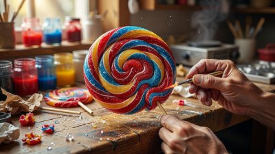 Close-up of an ornate swirly lollipop being crafted
