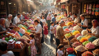 Lively sweet market scene full of colour and movement