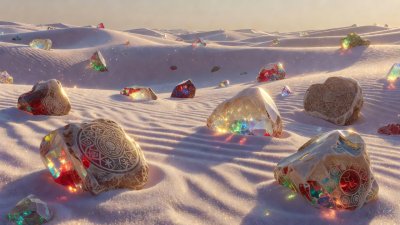 Sugar dune landscape with ancient carved rock-candy stones