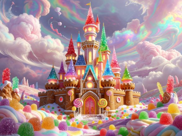 Candy kingdom castle with sugar spires glowing beneath a cotton-candy sky