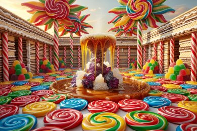 Candy courtyard with a bubbling syrup fountain and lollipop tiles
