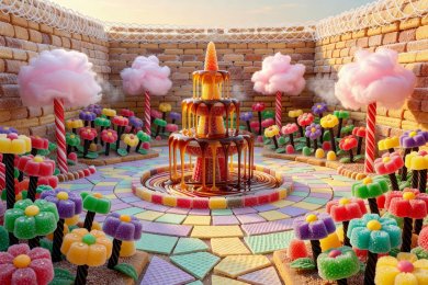 Inner candy garden courtyard with syrup fountain and gumdrop flowers