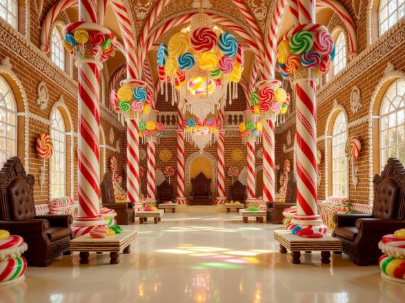 Grand candy castle hall with candy-cane pillars and lollipop chandeliers