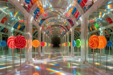 Hall of sugar-glass mirrors reflecting lollipop light