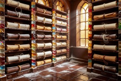 Candy library lined with ancient confectionery recipe scrolls