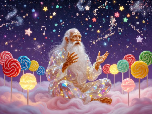 A candy storyteller surrounded by glowing lollipops beneath a starry sweet sky