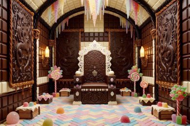 Ornate candy throne room with chocolate tapestries