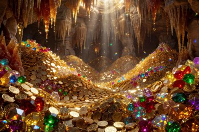 Glittering candy treasure hall filled with golden chocolate coins and jewelled gummies