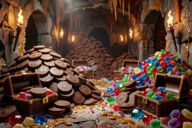 Candy treasure vault filled with chocolate coins and jewelled gummies