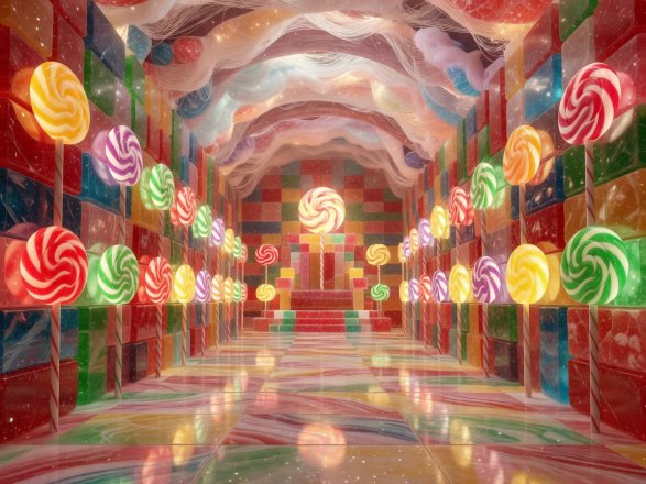 Grand candy castle hall illuminated by hundreds of glowing lollipops