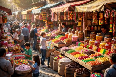 Bustling sweet market lined with colourful candy stalls