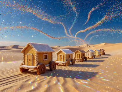 Sugar dune caravan travelling beneath a sky of sprinkles
