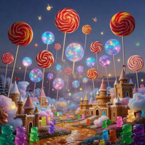Floating glowing lollipops rising over the candy kingdom
