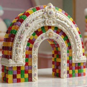 Ornate frosting-iced candy archway with gumdrop tiles