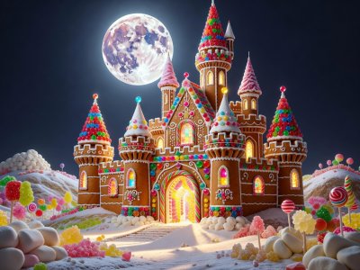 Magnificent candy castle glowing beneath a sweet full moon