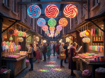 Sweet market alley filled with glowing hanging lollipops