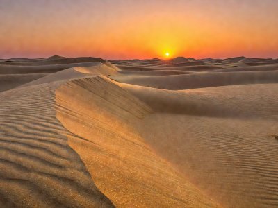 Golden sugar dunes at sunset with long shadows