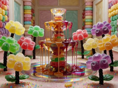 Candy garden syrup fountain surrounded by gumdrop flowers