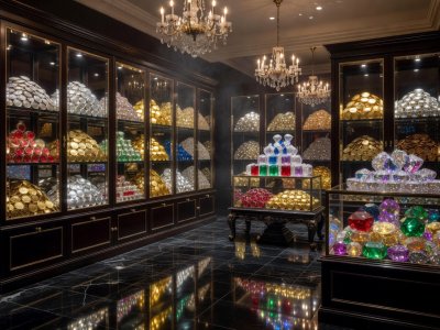 Glittering treat room filled with chocolate coins and jewelled gummies