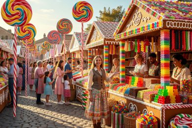 Sweet market district full of candy stalls and lollipops