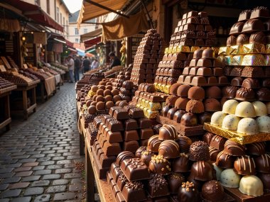 Chocolate lane stacked with shimmering chocolate bars and truffles