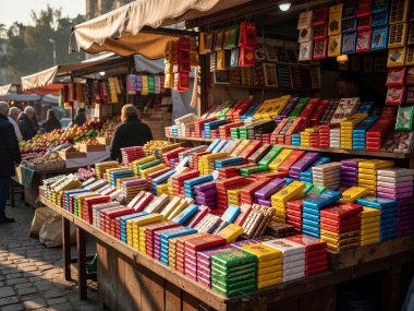 Market stall piled high with colourful chocolate bars