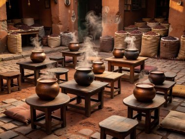 Cocoa courtyard with low tables and warm cocoa pots