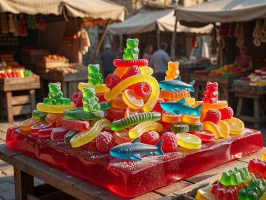 Gummy square with mounds of vibrant coloured gummy sweets