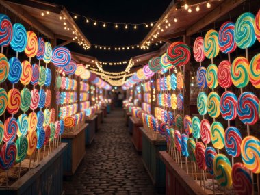Lollipop shop glowing with hundreds of swirly lollipops