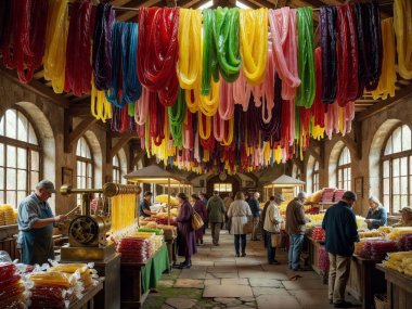 Taffy hall hung with colourful stretched taffy ribbons