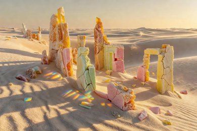 Ancient hardened candy ruins half buried in the sugar dunes