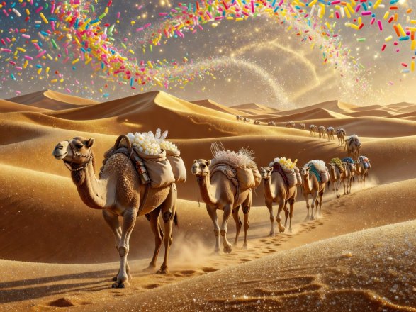 Caravan crossing golden sugar dunes under a sprinkle-filled sky