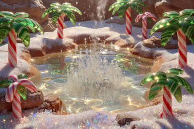 Hidden fizzing soda oasis with candy palm trees and bubbly water