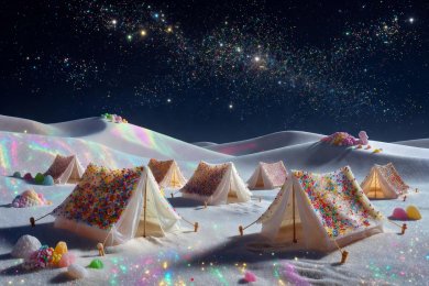 Sugar dune camp beneath a sky brilliant with sprinkle-stars